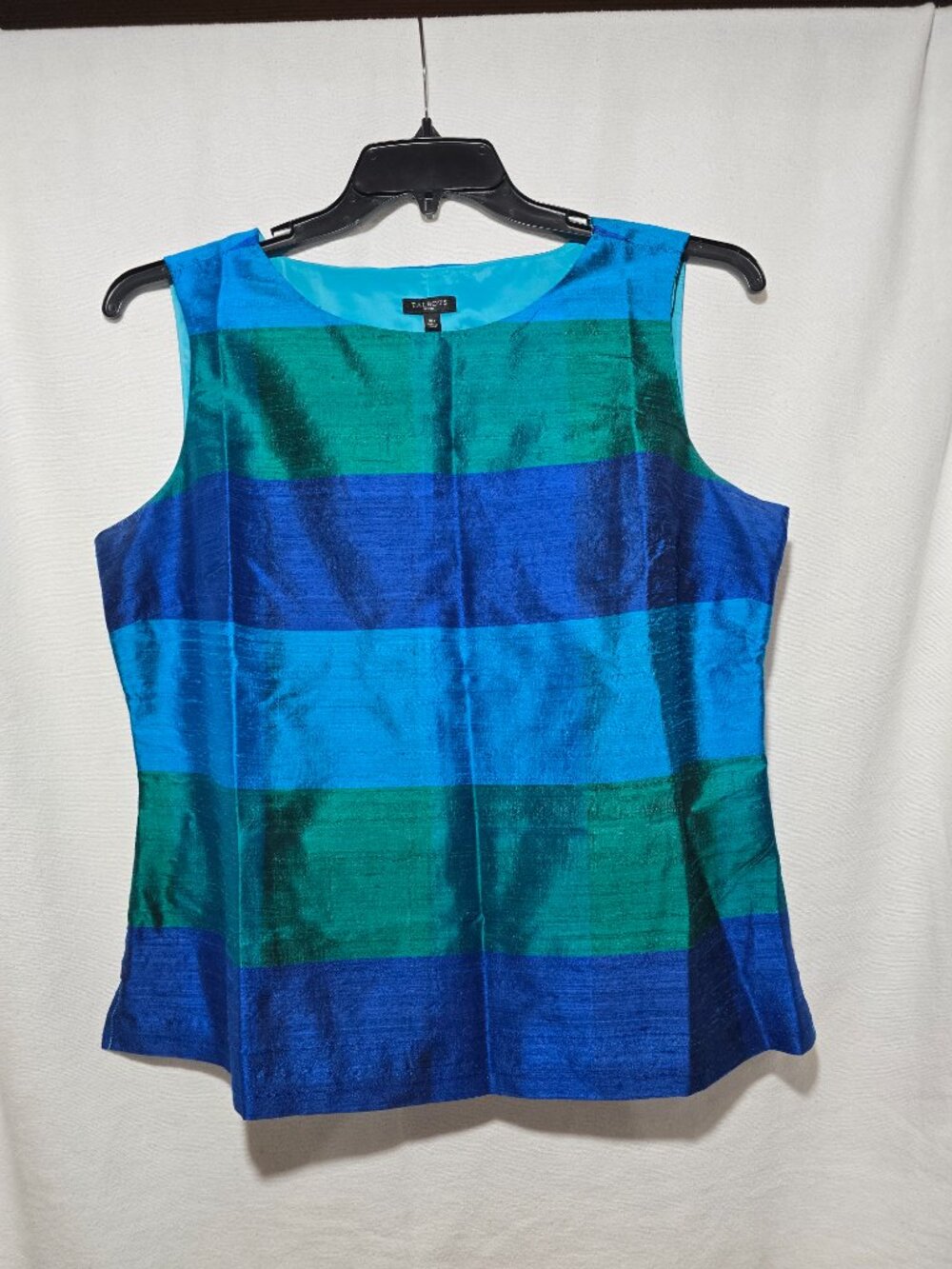 Talbots Petites 16P Silk Striped Sleeveless Shell Top Blue Green Jewel Tone GUC